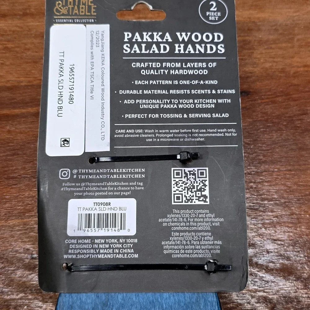 Pakka Wood Salad Hands 2pc Set Blue Striped Servers Thyme & Table NWT New